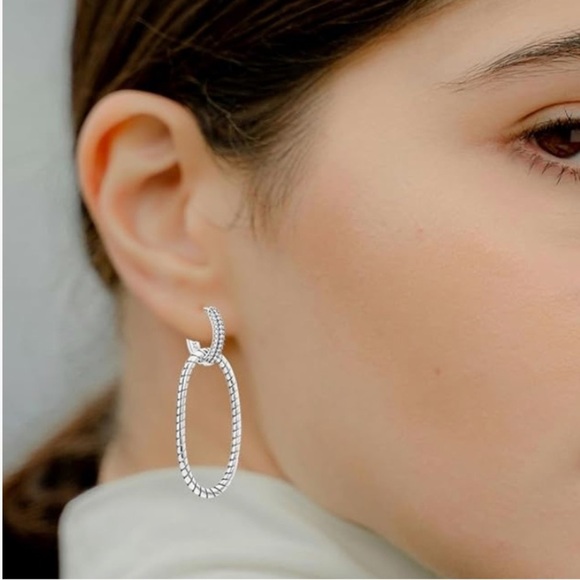 Sterling Silver 925 huggie oblong designer style Hoop Earrings - Picture 2 of 2